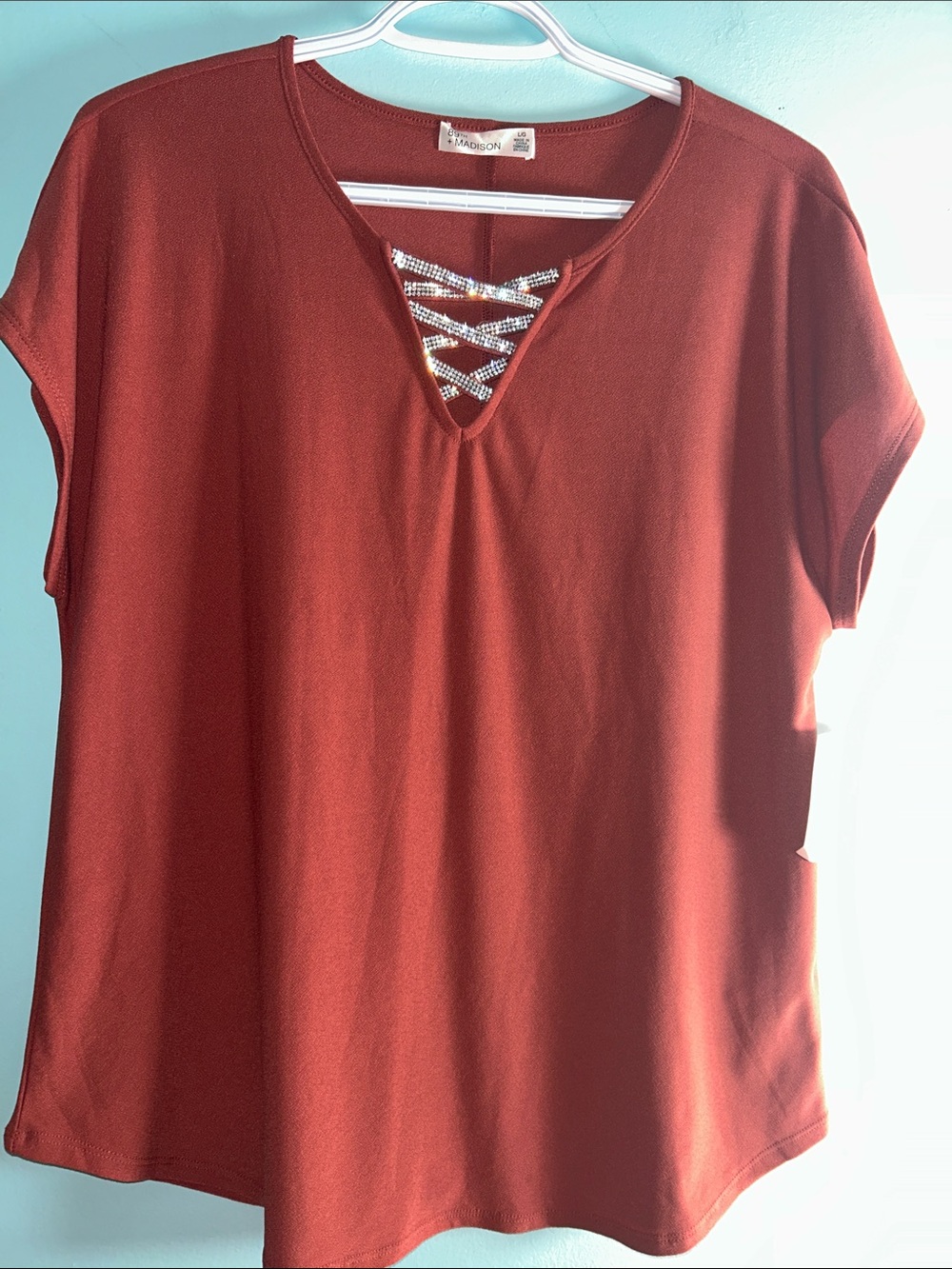 89th   +madison  Rust Short-Sleeve V-Neck Top with Lace-Up Detail